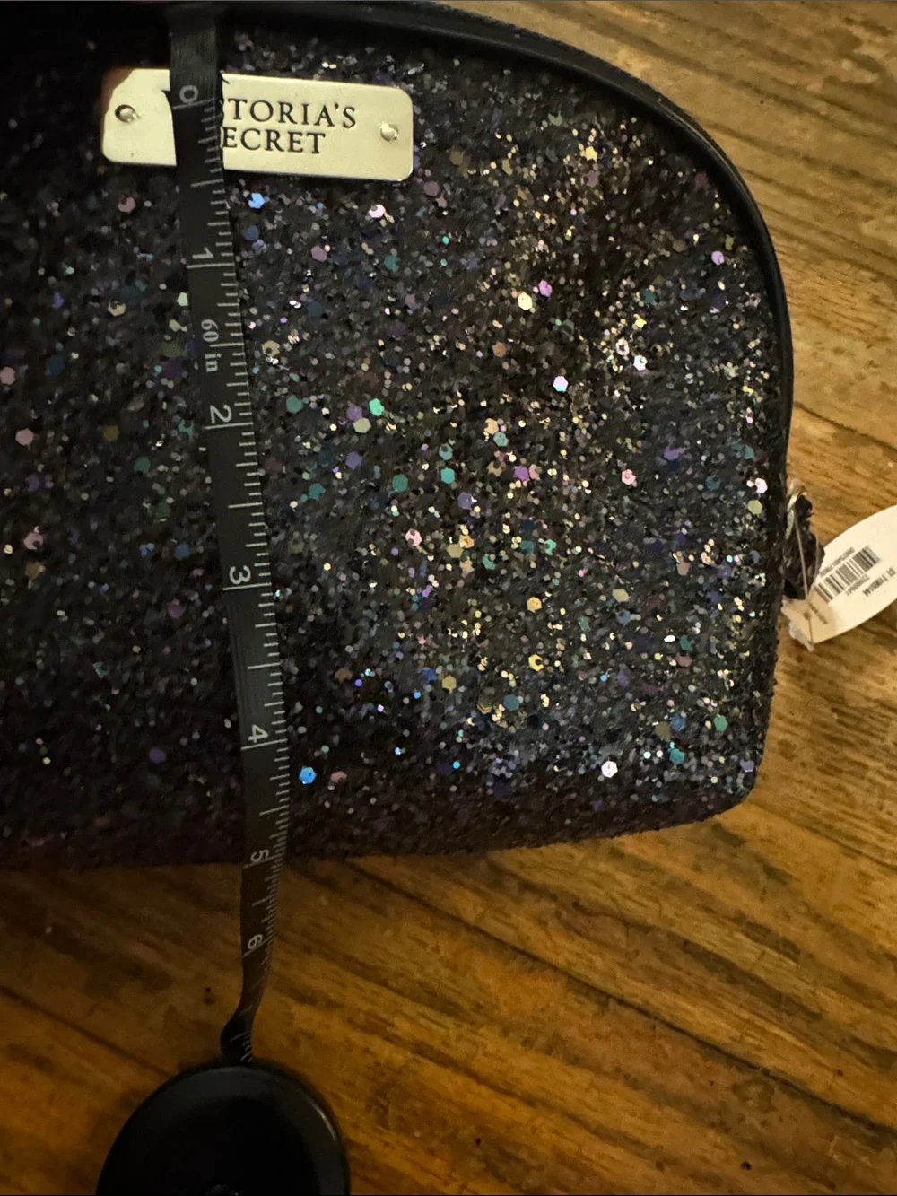 Victoria's Secret Black Sequin Makeup Pouch with Logo Plate - NWT